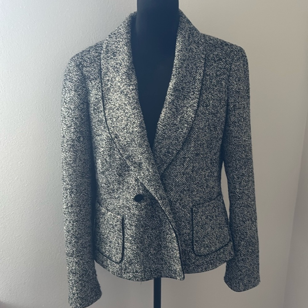 Talbots Sz 14 black ivory wool / cotton‎ blend tweed double breasted blazer